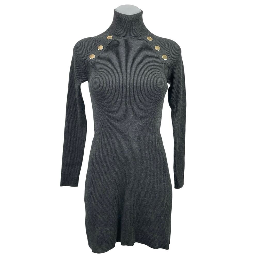 Zara Gray Turtleneck Long Sleeve Gold Button Mini Bodycon Sheath Sweater Dress S - Picture 4 of 6